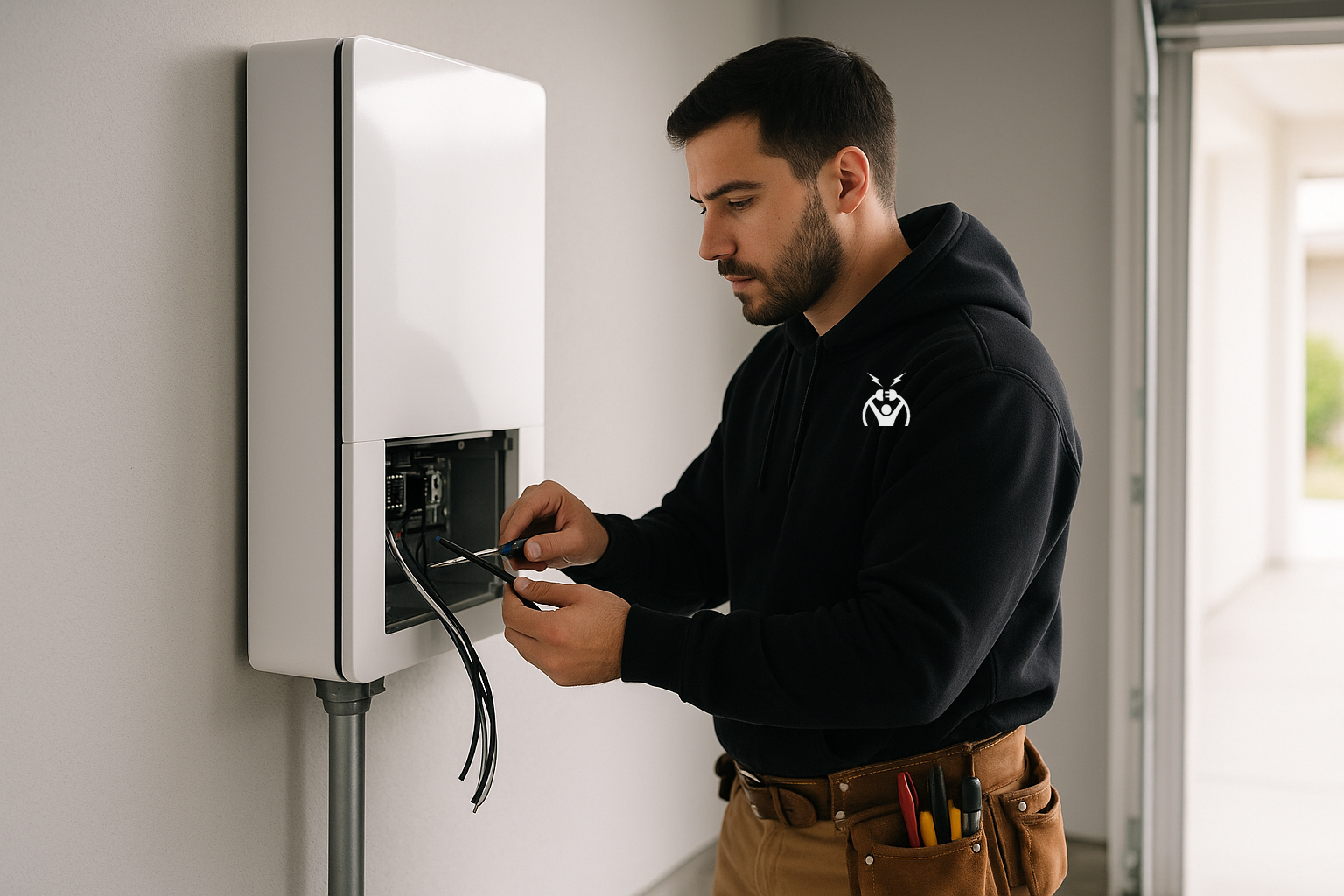 Eleos Electric technician installing a wall-mounted home battery energy storage system