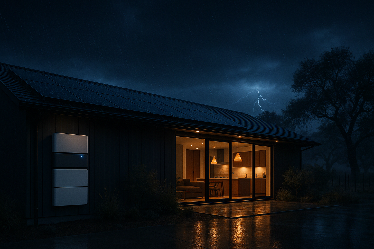 Modern Sonoma County home at night during a storm — Anker SOLIX E10 battery backup keeping the lights on